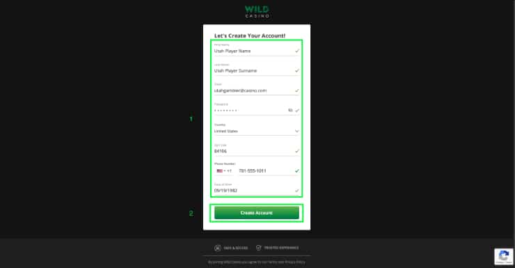 louisiana online casinos - Register at Wild Casino Step 2
